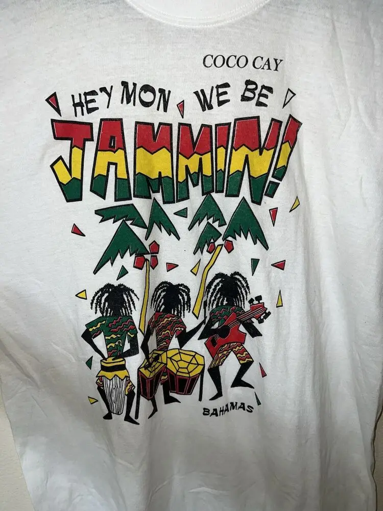 Vintage 90s Bahamas Coco Cay Jammin T Shirt Mens XL White Rasta Reggae Short