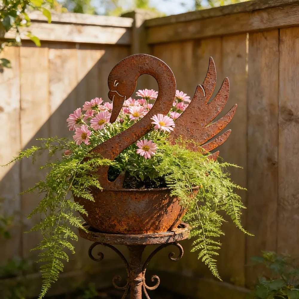 Rust Patina Swan Garden Stake Elegant Outdoor Waterfront Landscape Decor for Yard Lawn Gardening Stick