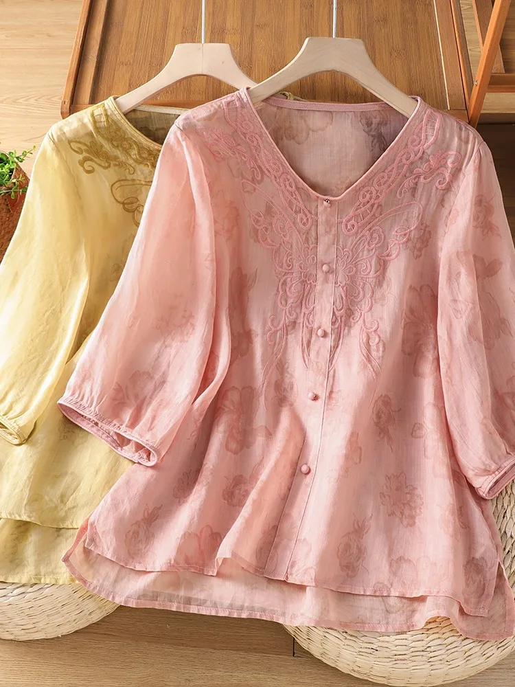 

Retro Heavyweight Embroidered Linen Shirt Women's Summer High-End Fashionable Sleeveless Embroidered Cotton Linen Top Open Ca...