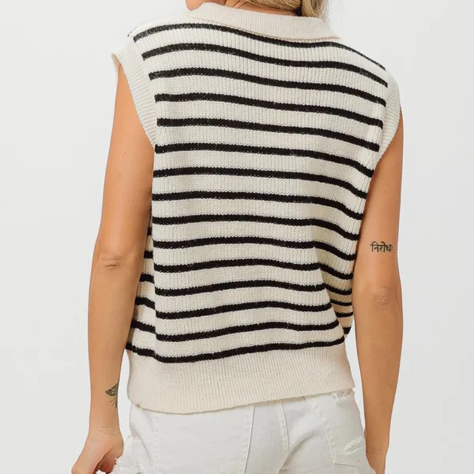 سترة نسائية مخططة مطرزة بالزهور سترة نصف زر بياقة بدون أكمام ملابس صيفية متماسكة