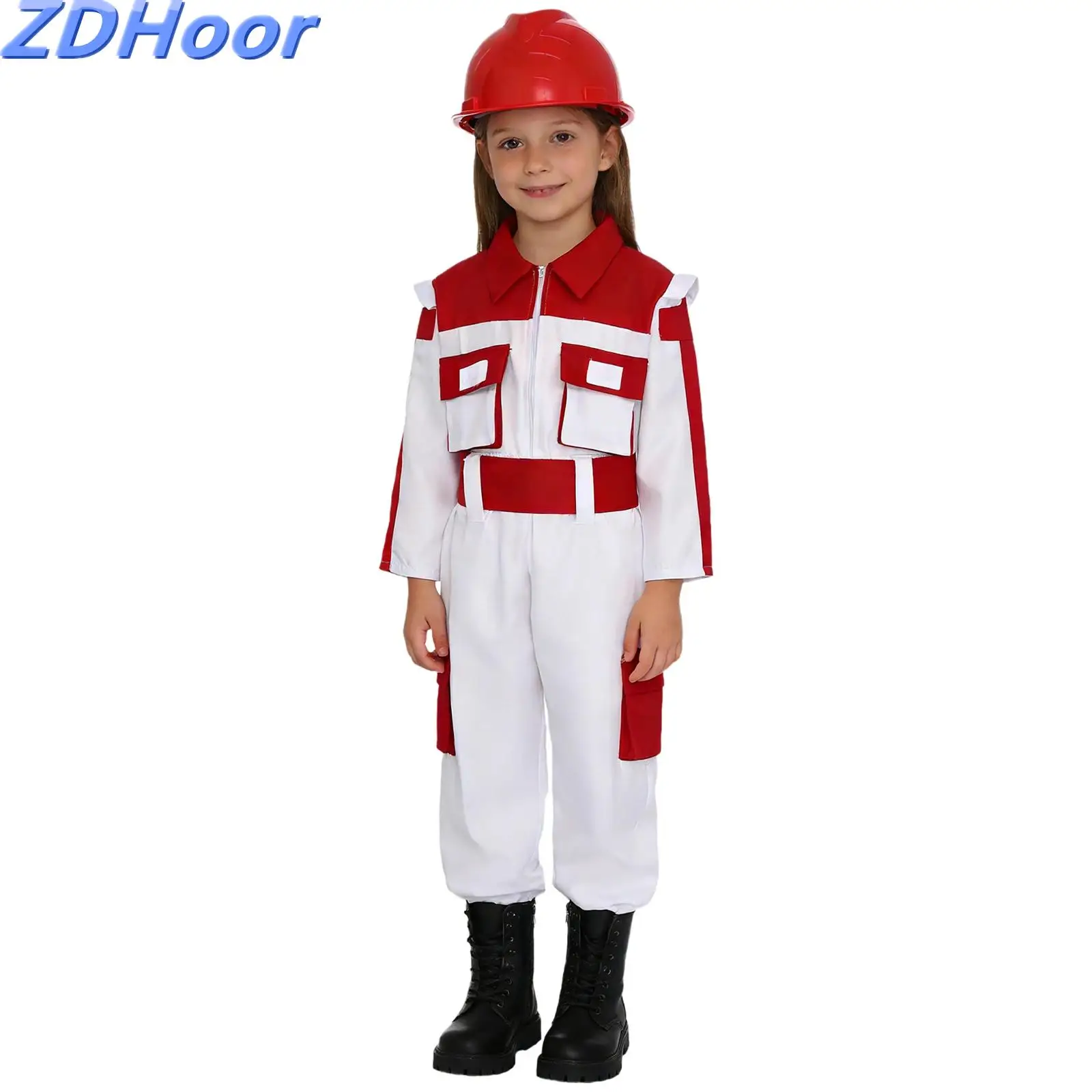 

Boys Girls Construction Worker Outfit Long Sleeve Zip Up Top with Elastic Waistband Pants Helmet And Gloves Engineers Set