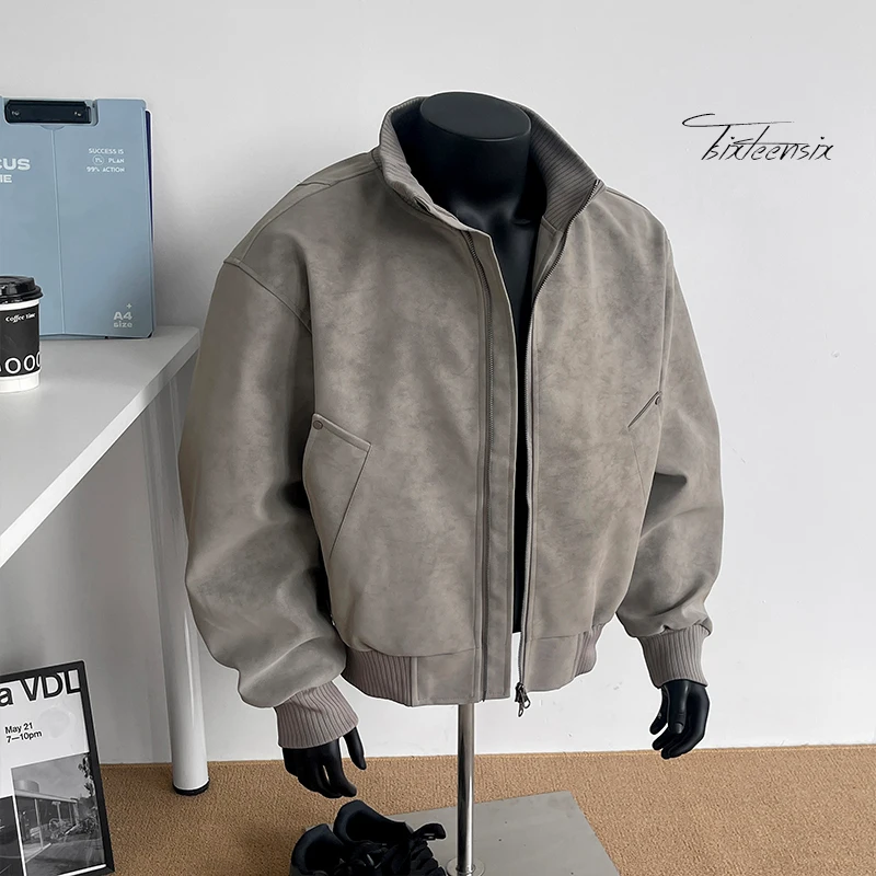 سترة جلدية كاجوال للرجال بياقة واقفة على الطراز الأمريكي، سترة رجالية عصرية للدراجات النارية #4