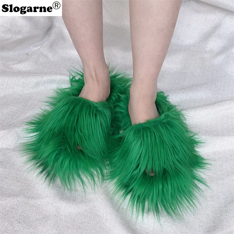 

Female Fuzzy Slides Peep Toe Luxury Fur Slippers European American Women Open Toe Raccoon Fur Shoes Woman Flats Fluffy Slippers