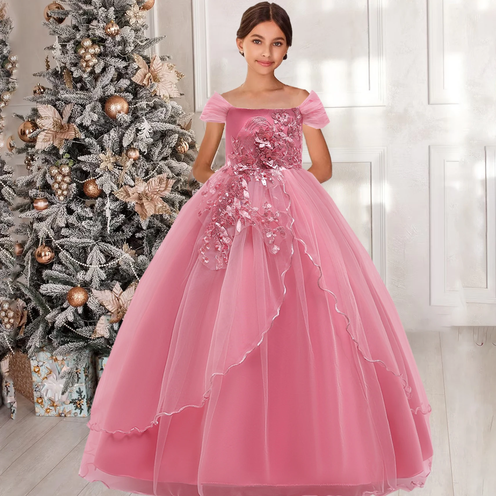 Formal Pink Bridesmaid Kids Party Dresses For Girl Long Lace Gown Flower Wedding Children Clothing Evening Princess Dress 8 12Ys