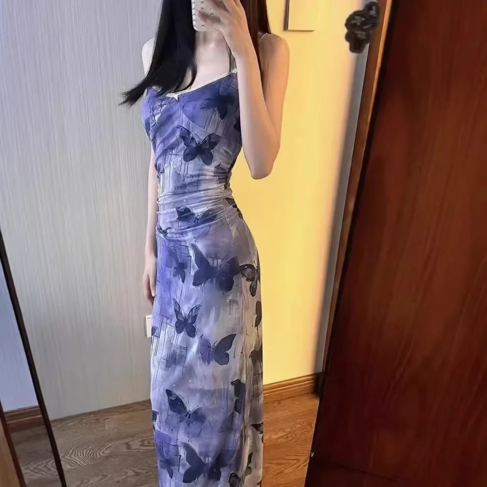 French Coastal Vacation Purple Butterfly Floral Strapless Dress Women's Summer Sexy Waist Cinching Slimming Long Dress