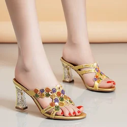 Comfortable Summer Beach Slippers Rhinestones Diamond Thick Heel Party Fashion Elegant Women's Open Toe Crystal Sandals