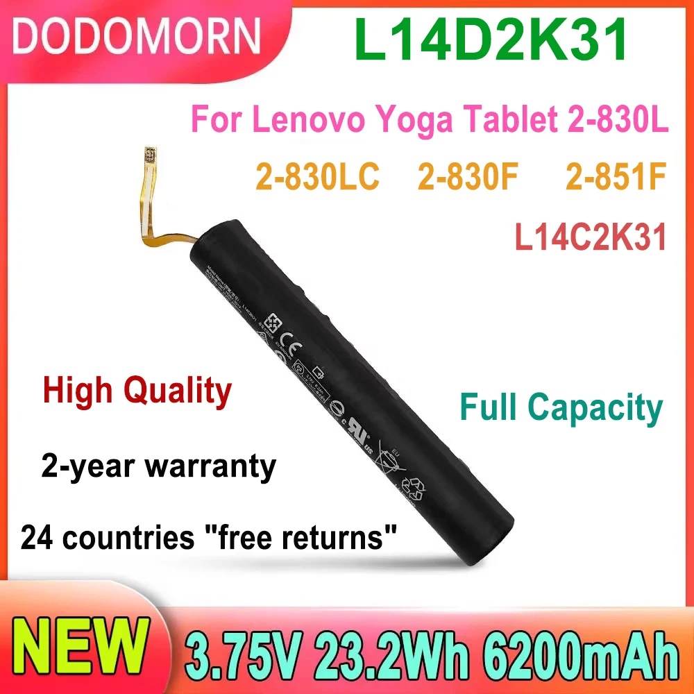 DODOMORN L14D2K31 High Quality Battery For Lenovo Yoga Tablet 2-830L 2-830LC 2-830F 2-851F 6200mAh 3.75V L14C2K31 Full Capacity