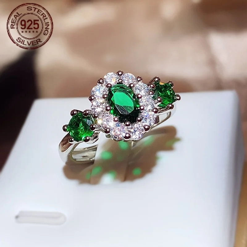 

Luxury 925 Silver Elegant Flower Oval Green Ring Fashion Zircon Engagement Wedding Rings Wedding Band Fine Jewelry
