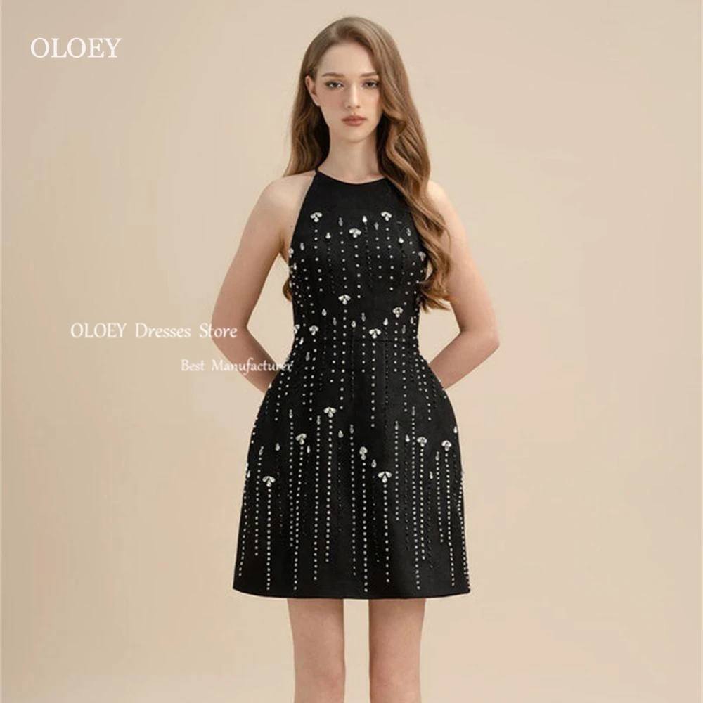 OLOEY Elegant Black Beads Crystal Evening Dress Photoshoot Stain Sleeveless Above Knee Prom Dress Formal Occasion Party Dress