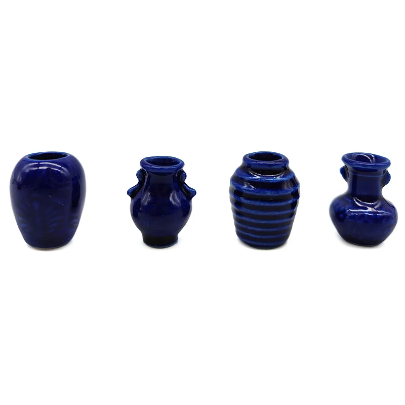 

4Pcs/set 1/12 Dollhouse Mini Jars Ceramic Blue Vase Model Doll Home Scene Ornament Toy Micro Landscape Decoration Accessories