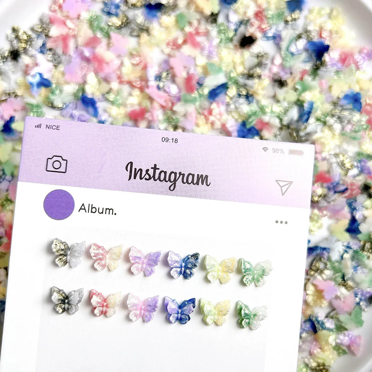 Fino cintilante luminoso borboleta resina encantos de unhas dupla camada doce colorido borboleta decorações da arte do prego para unhas diy