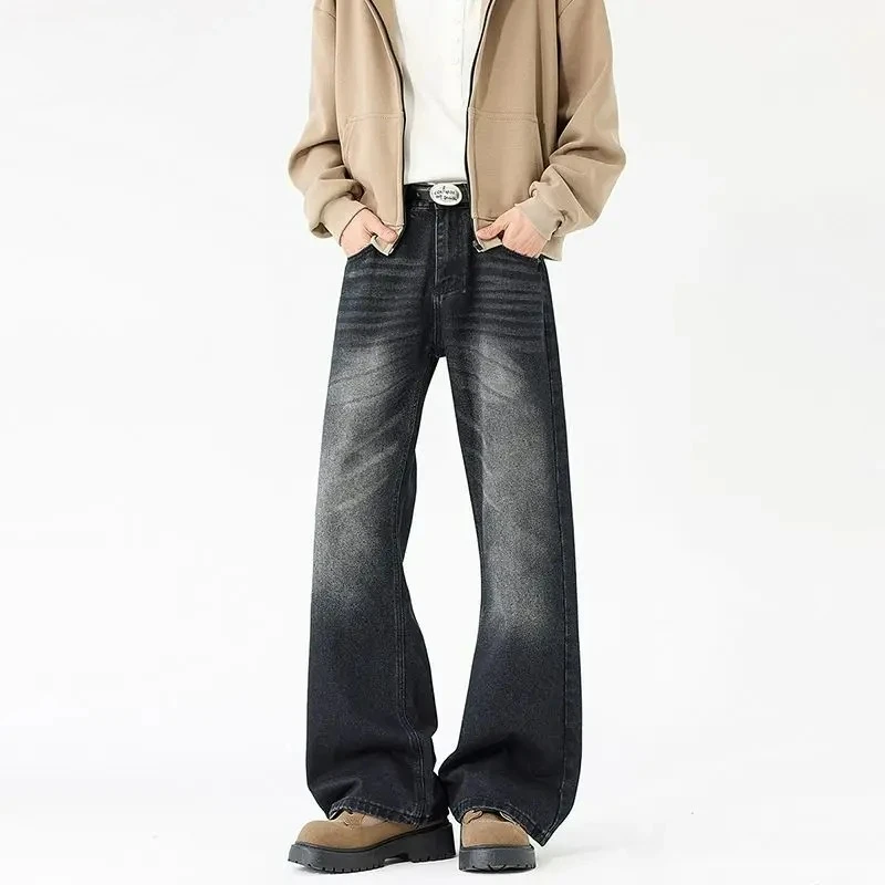 

Мужские джинсы-клеш в стиле ретро, свободного кроя, с эффектом потертости, повседневные, американского стиля, новинка, джинсовые брюки для мужчин, Y2K