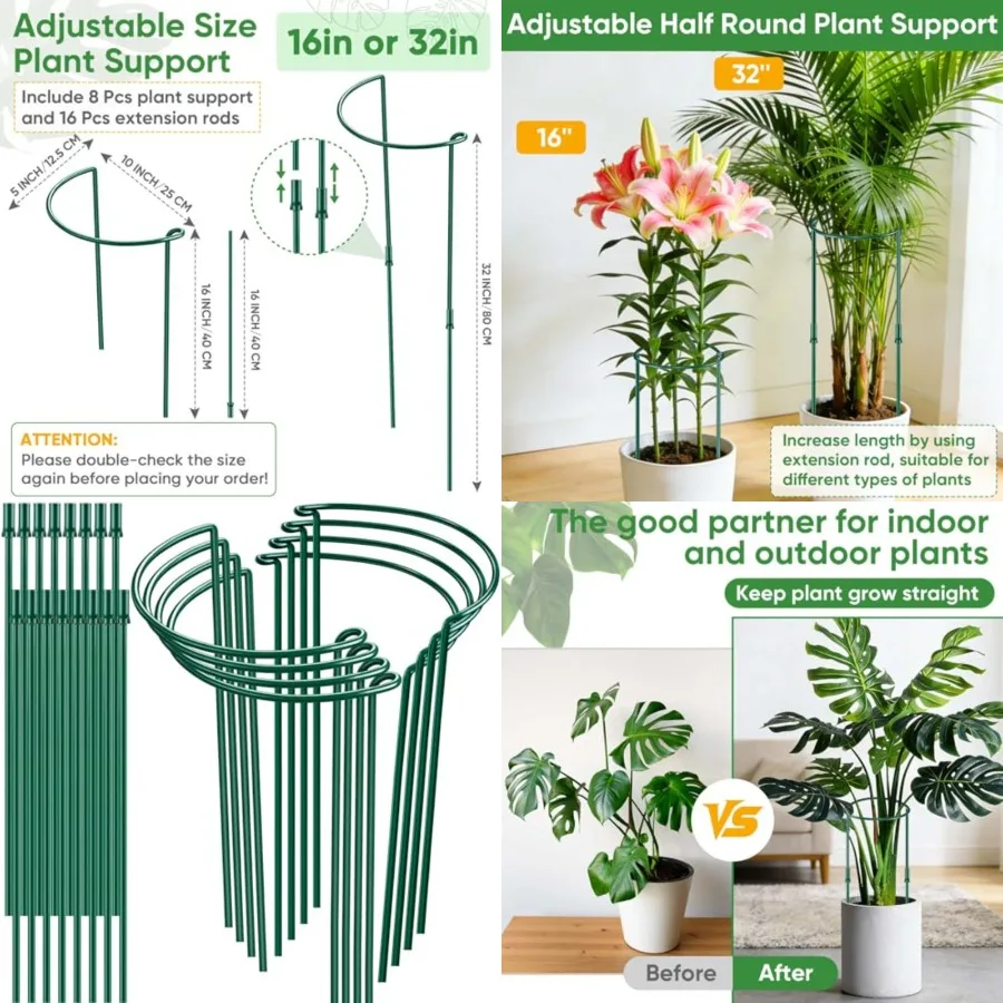 8 Pack 3 or 6 inch Adjustable Plant Support Stakes, Heavy-Duty Half Round Peony Support, Garden Plant Stakes Cage for Outdoor P