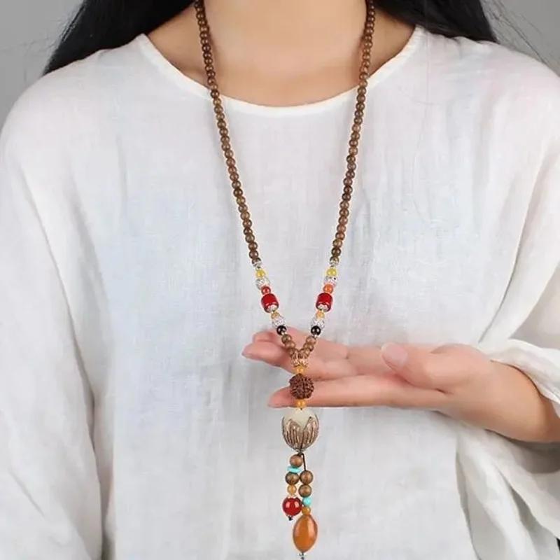 Ethnic Style Necklace, Fashionable And Versatile Sweater Chain, Long Women's Wooden Buddha Bead Clothing, Travel Accessories For