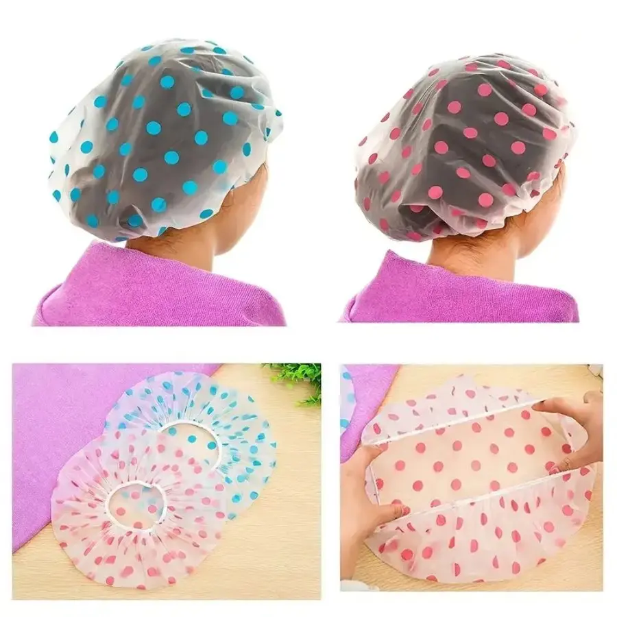 2 Pieces Adult Waterproof Shower Caps, Polka Dot Design, Thickened PVC Material, Reusable Oil-Proof Plastic Shower Caps