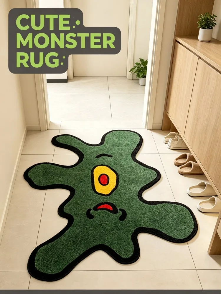 Irregular Green One-Eyed Monster Shaped Area Rug, Cute Cartoon Slime Monster Face Non Slip Doormat, Fun Weird Irregular Floor Ma