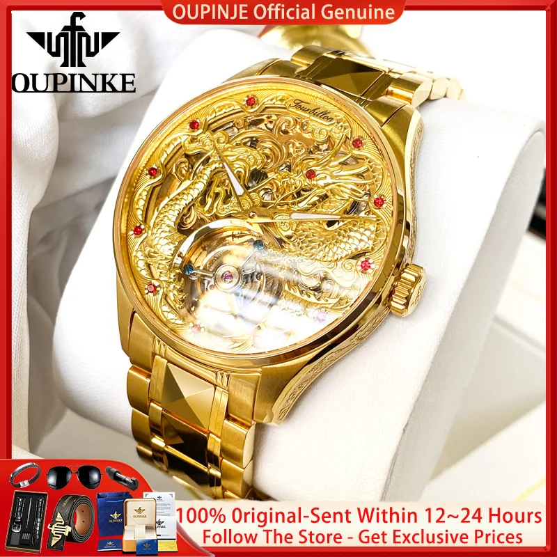 OUPINKE 3176 True Tourbillon Watch Luxury Gold Relief Dragon Men Watch Brand Sapphire Mirror Hollow Automatic Mechanical Watch