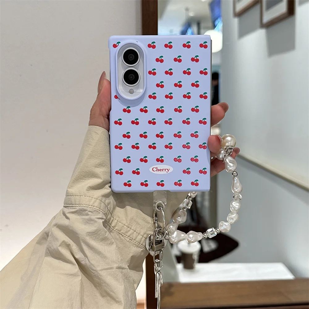Pastel Light Blue Cherry Print Phone Case For Samsung Galaxy Z Fold 8 Ultra Protective Cover Chain Cute Fruit Pattern For Women