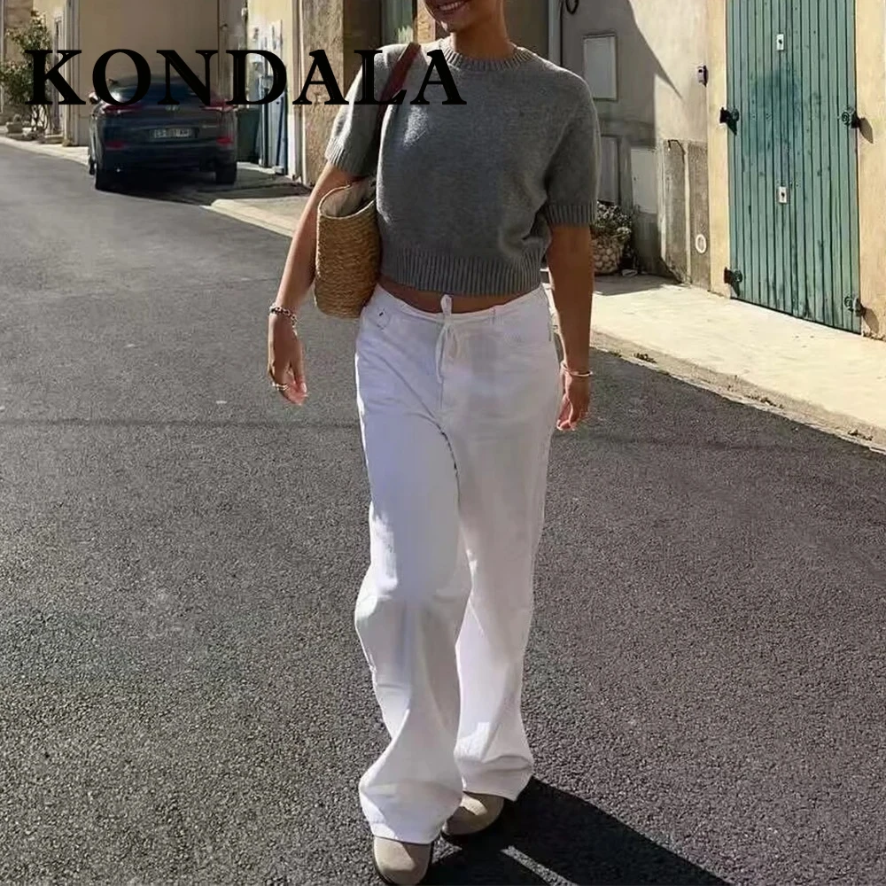 KONDALA 2025 Fashion Summer Knit Streetwear Women Sweaters Fashion Casual O-Neck Solid Slim Half Sleeve Elegant Ladies Sweaters