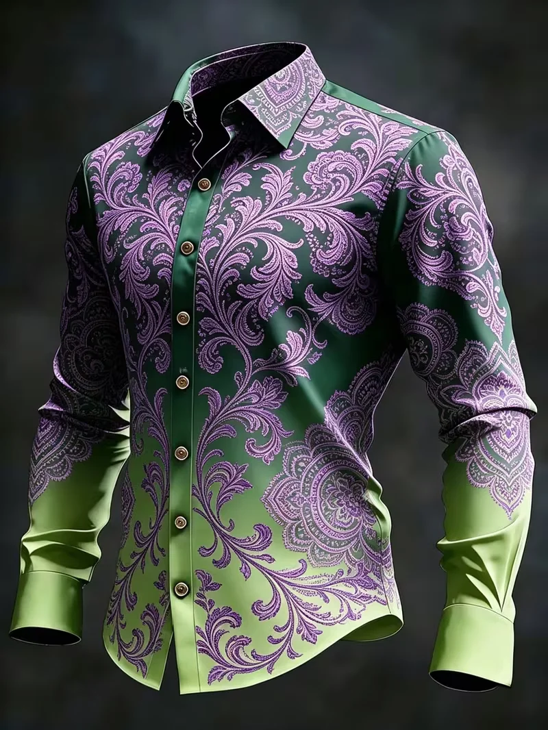 New dark green black vintage Gothic rose long sleeved shirt, dark romantic men's personalized party shirt