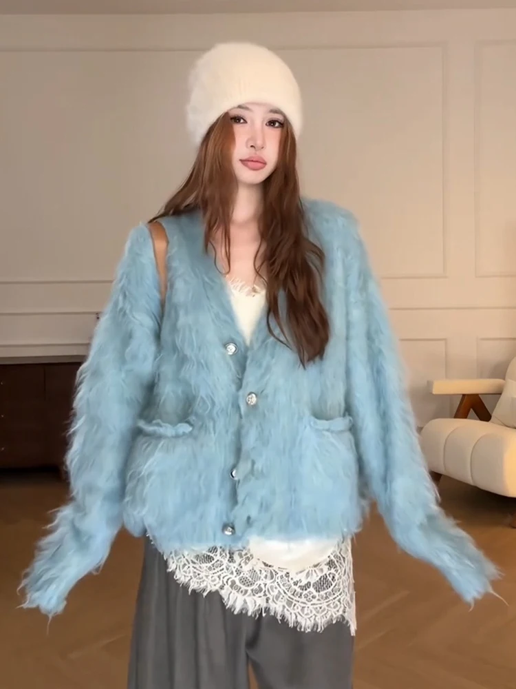 

Loose Blue Knitted Sweater Coat Women's Autumn Winter Street Sle V-Ne Faion Casual Top Imitation Mink Outerwear