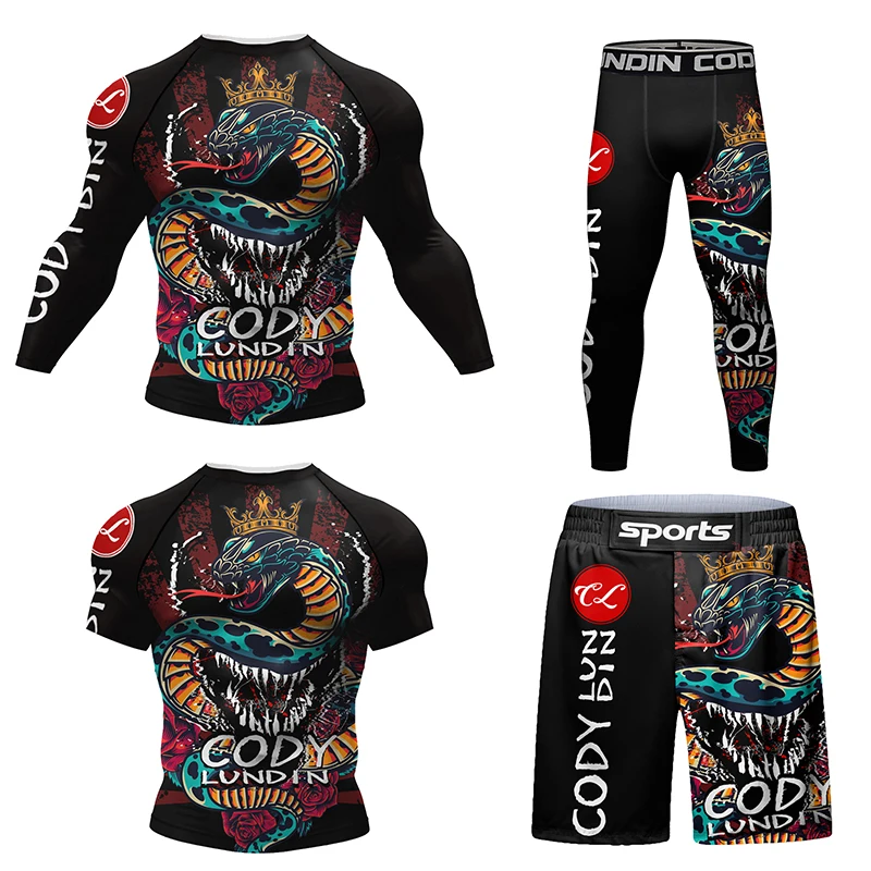 New Rashguards MMA Boxing T-shirt Men\'s Jiu Jitsu Kickboxing 4Pcs/Suit Muay Thai Shorts Rash Guard Sports Gym Bjj Gi Clothing