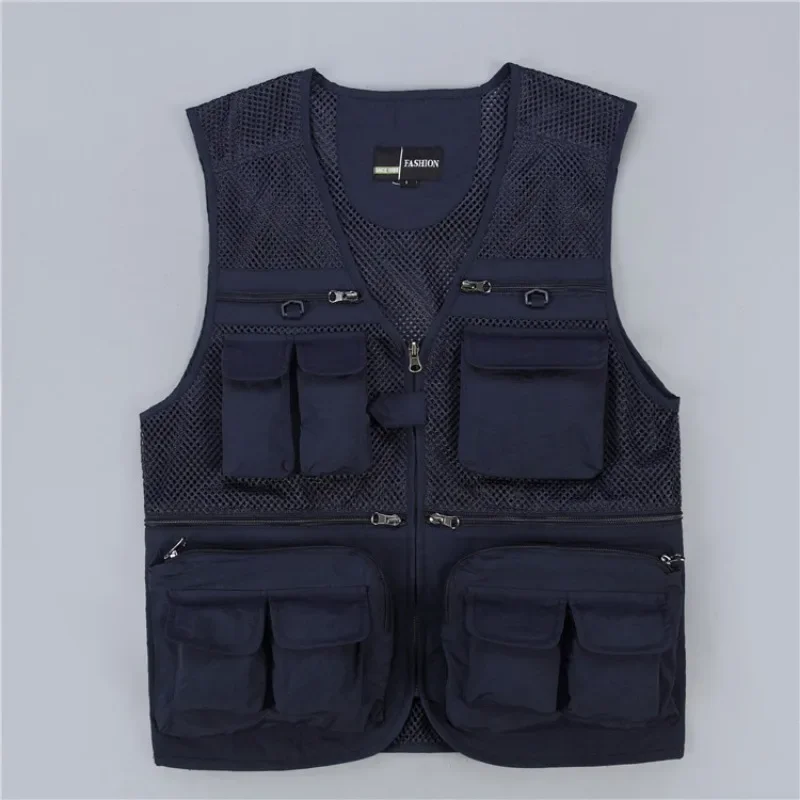 

Summer Solid Color Loose Large Size Mesh Thin Cardigan Men's Multi-Pocket Fishing Volunteer Casual Vest Vest