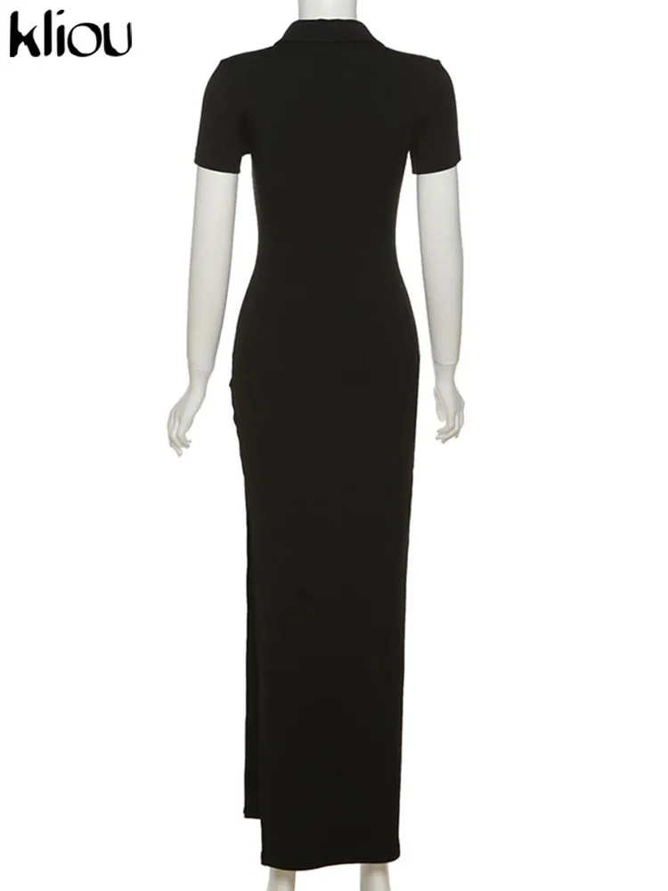 Kliou Elegante Büro Dame Maxi Kleid Frauen Solide Mode drehen-unten Kragen Kurzarm Taste Seite Schlitz Körper-gestaltung Straße Robe – Detail 4