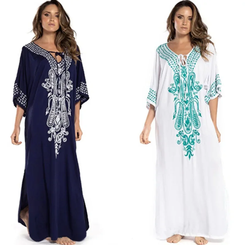 Dames Strandjurk Zomer Casual Losse Bikini Badpak Cover Up Lange Cami Maxi Jurken Gewaad Plage Split Tuniek Vakantie Plus Size