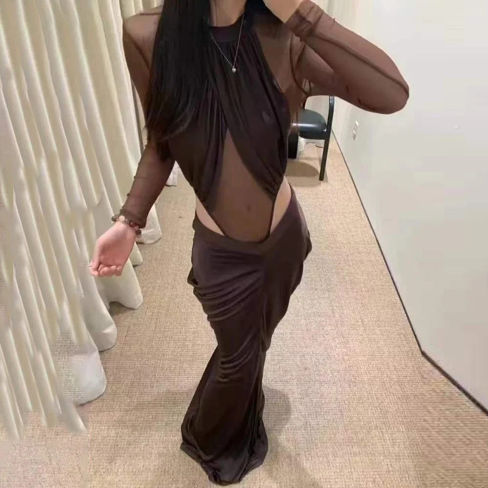 TWOTWINSTYLE Spliced Ruched Mesh Slimming Solid Jumpsuit for Women Stand Collar Long Sleeve High Waist Sexy Jumpsuits Female New