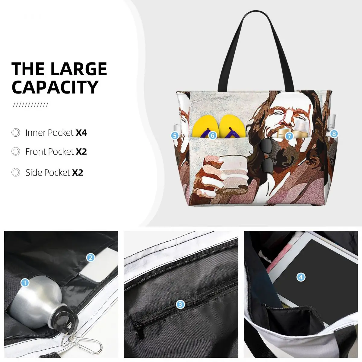 กระเป๋าโท้ทลายบิ๊กเลโบสกี้ ดู๊ด พอร์เทรต สำหรับใส่ของไปชายหาด ออกกำลังกาย เล่นโยคะ กระเป๋าเดินทางสำหรับผู้หญิง กระเป๋าฟิตเนส