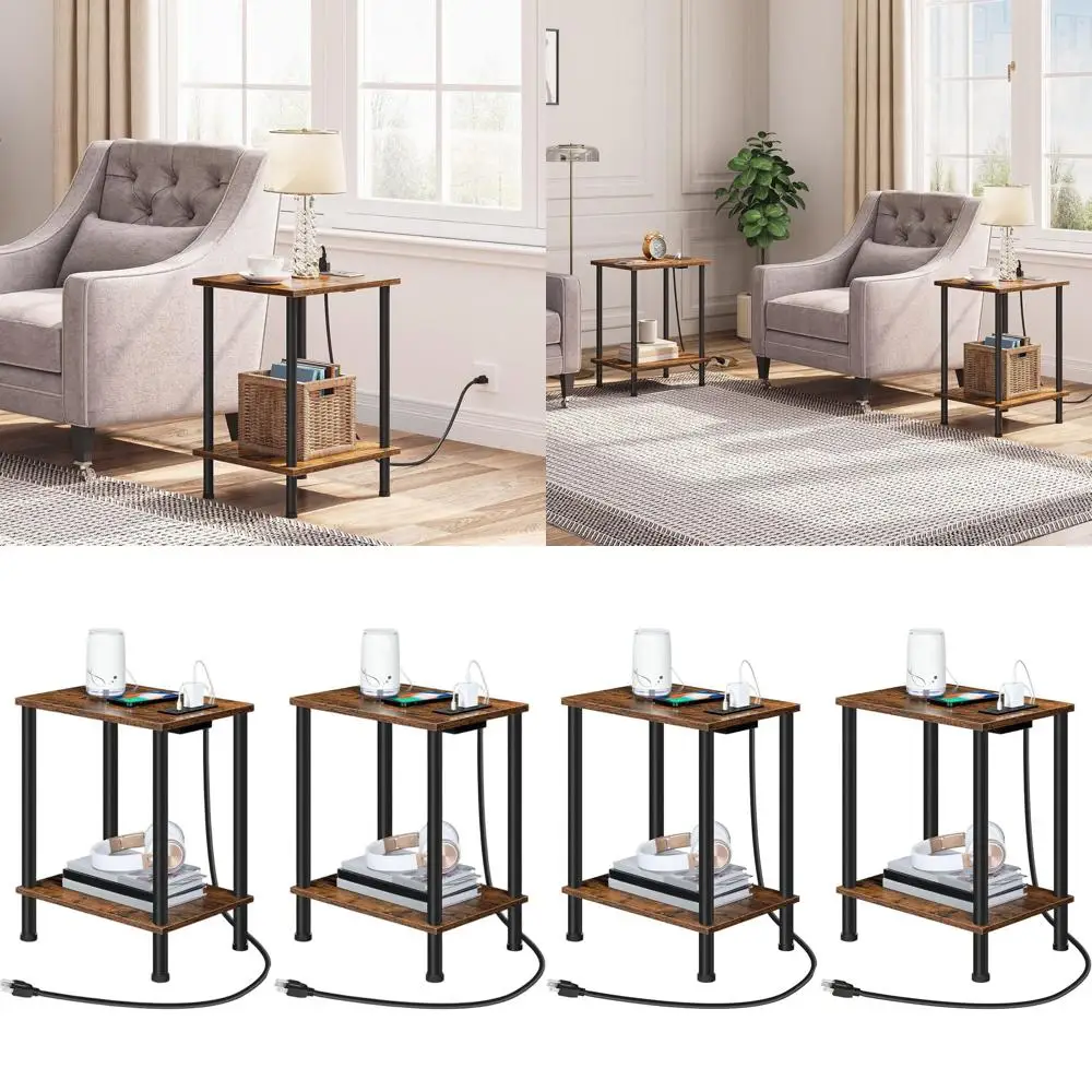 

Pair of Rustic Brown End Tables with Charging Station & Storage Shelves for Small Spaces