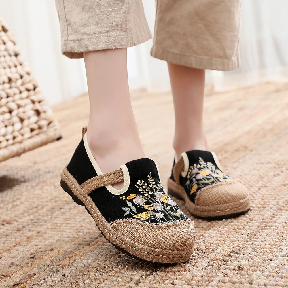 Veowalk Grass Embroidered Women Handmade Linen Canvas Slip On Loafers Comfortable Summer Spring Flat Walking Shoes Black Beige