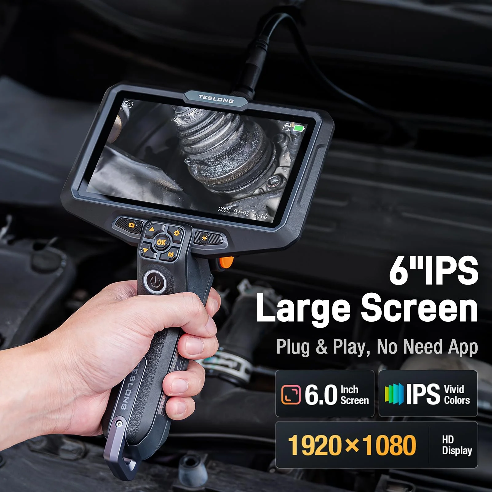 

3.9mm 5FT Flexible Waterproof HD Industrial Endoscope with Lights, 6" IPS Screen Hnadle Borescope Automotive Mechanic Inspection