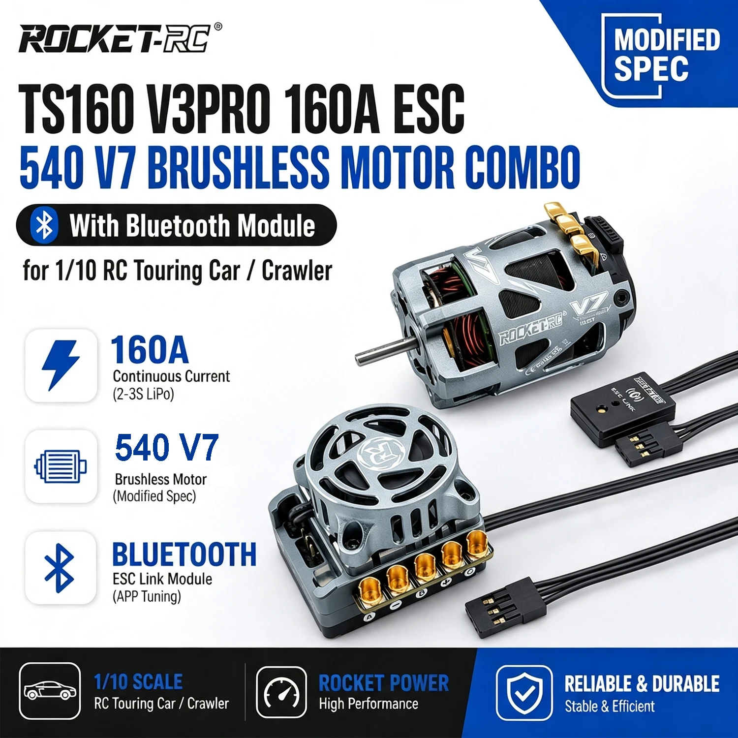 ROCKET-RC TS160 V3PRO 160A ESC 540 V7 Brushless Motor Combo With Bluetooth Module for 1/10 RC Touring Car Crawler MODIFIED SPEC