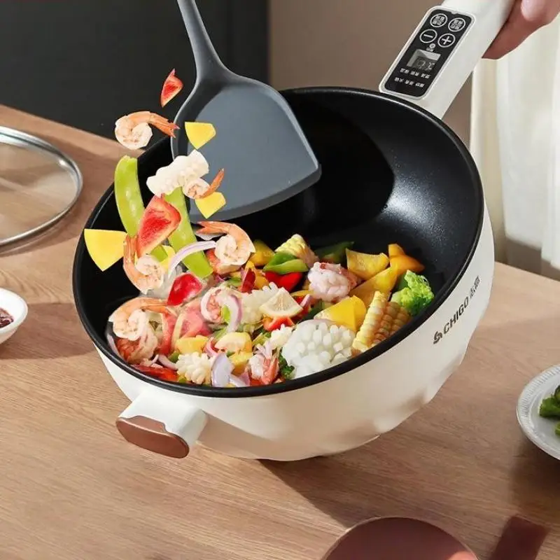 4,5-Liter-Multifunktions-Smart-Elektro-Bratpfanne, doppelwandige Antihaft-Elektro-Dampfgarer-Kochpfanne, Wok, All-in-One-Elektro-Hot-Pot für die Küche zu Hause, Cremeweiß