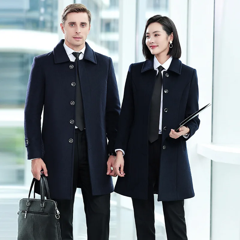 Hotel security wool woolen coat work clothes men's and women's winter concierge clothes uniform long cotton thickened coat