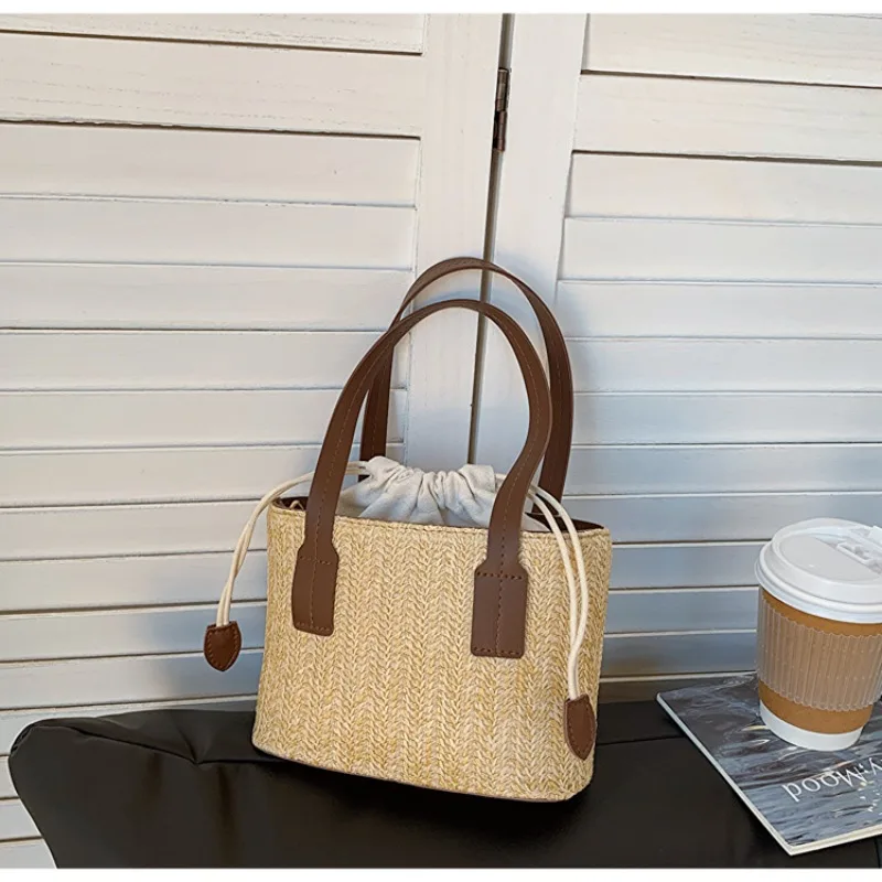 Fashion Natural Straw Woven Tote Bag with Drawstring Detachable Strap, Beige Crossbody Bag Purse for Casual Summer Use Handbag - view 5