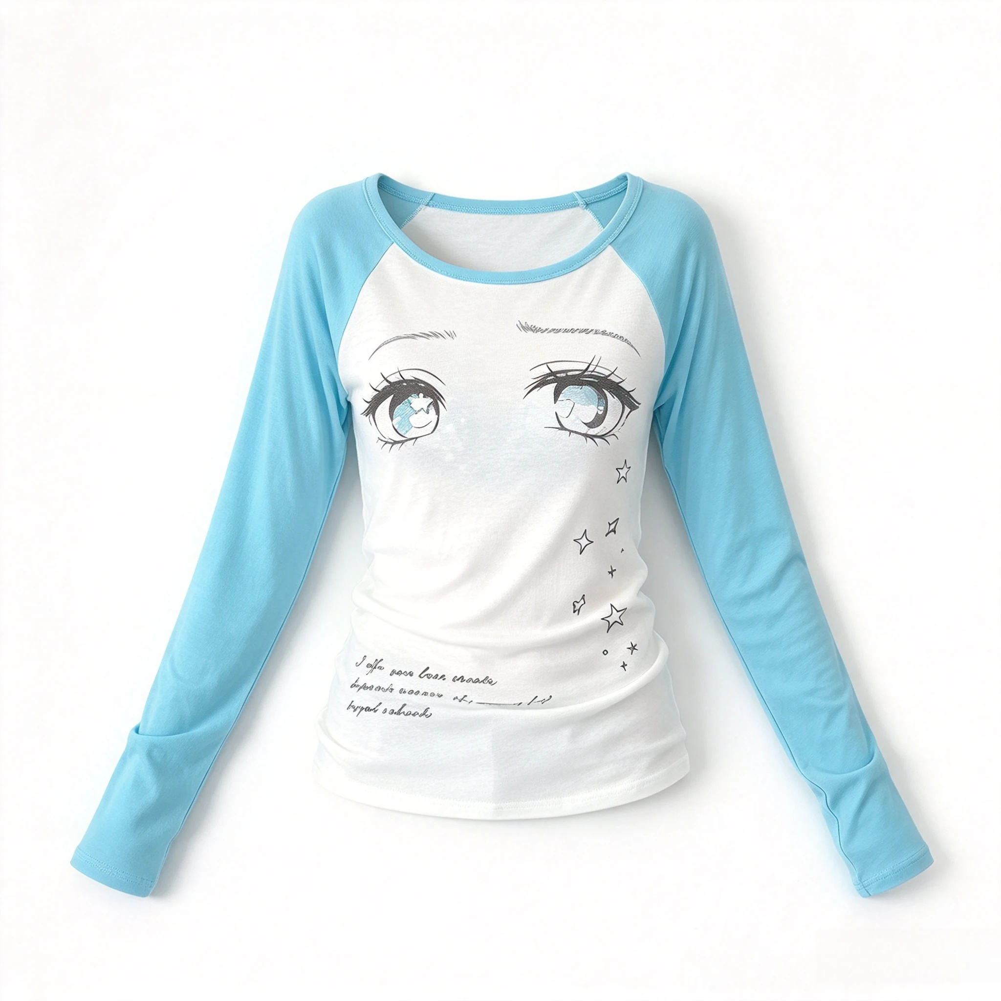 Women Raglan Long Sleeve Tops White Cyan Color Block Anime Eye Print Slim Fit Thumb Hole Design Y2K Aesthetic Casual Tee