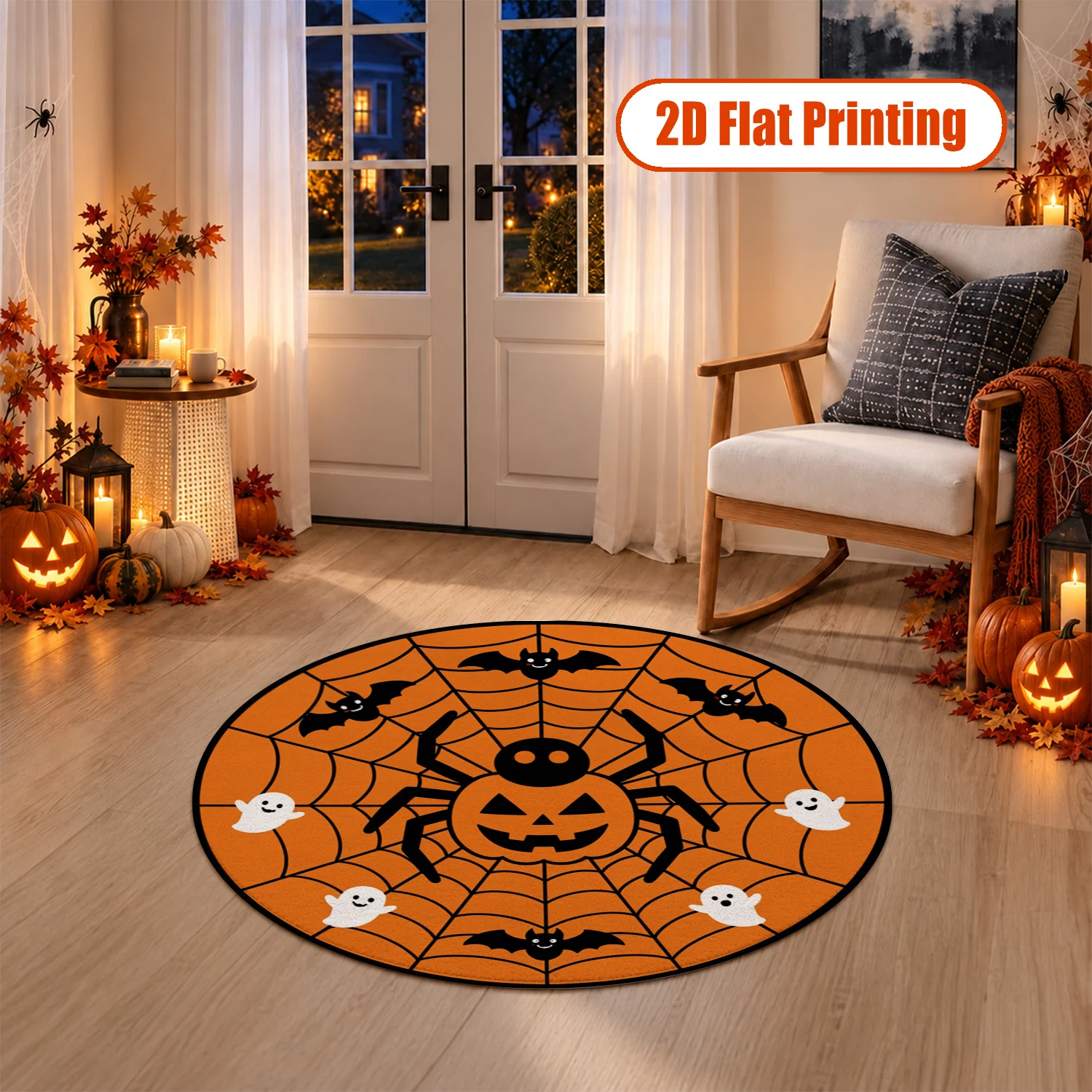 Halloween Spider Pumpkin Bat Ghost Pattern Round Velvet Rug, Machine Washable, Ideal for Living Room Bedroom Entryway Dining Area, Great for Halloween Thanksgiving Black Friday Cyber Monday Christmas New Year Home Decor