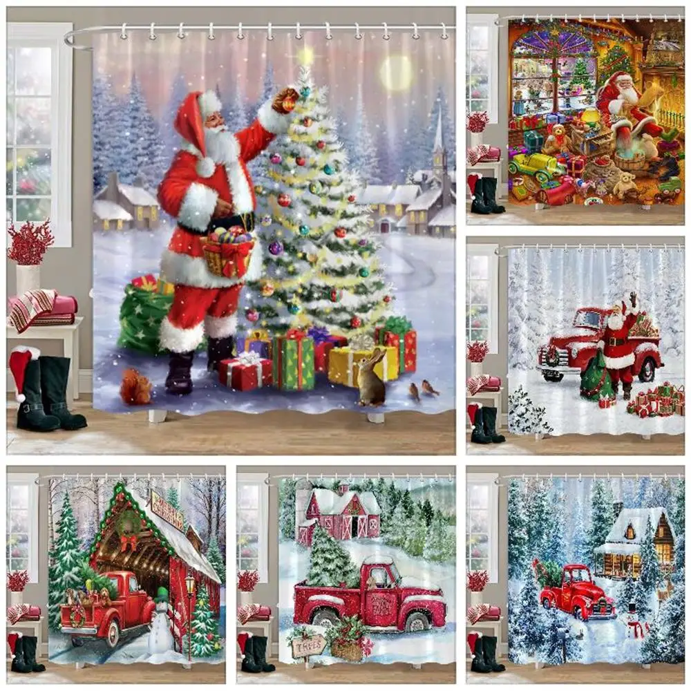 

Santa's Gift Merry Christmas Shower Curtain Winter Snowy Red Truck Rustic Farmhouse Fabric Washable Bath Curtains Bathroom Decor