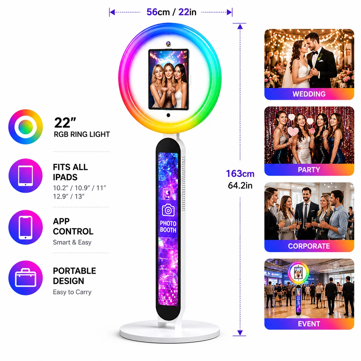 Portable iPad Photo Booth Stand with 22\'\'RGB Ring Light Compatible with10.2/10.9/11/12.9/13\'\'iPad for Wedding Party Event Rental