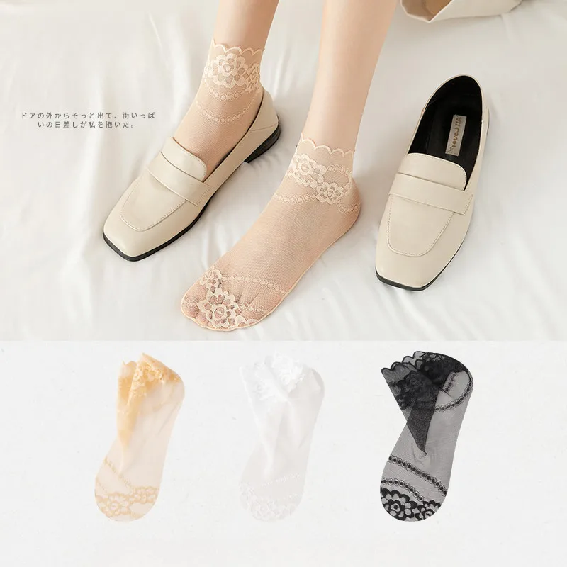 Summer Mesh Breathable Thin Elastic Cotton Base Short Socks Women Sexy Floral Pattern Transparent Invisible Ruffle-edge Socks
