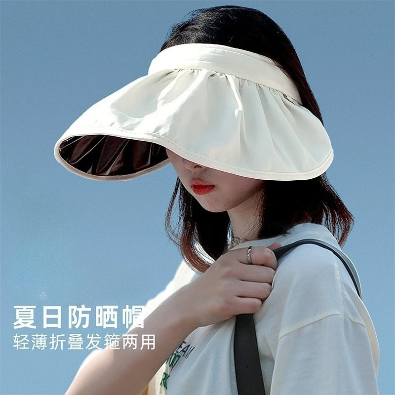 Women Black Coating Shell Hollow Top Sun Hat Foldable Headband Ice Silk Breathable Beach Hiking UV Cap