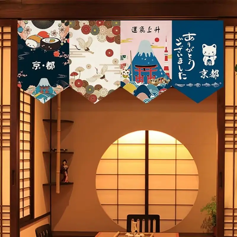 VIKAMA Vintage Floral Maneki Neko Print Triangular Japanese Noren Window Valance Light Filter Cafe Ramen Shop Curtain