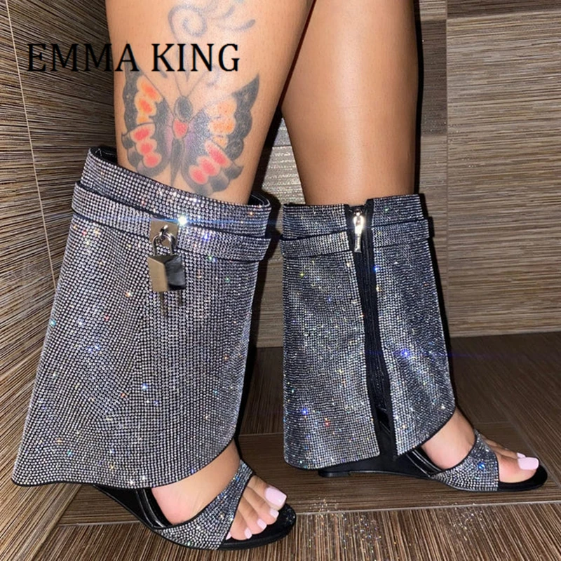 Women Crystal Wedge Heels Boots Metal Shark Lock Decor Peep Toe Ankle Boots Rhinestone Embellishment Wedding Party Dress Shoes