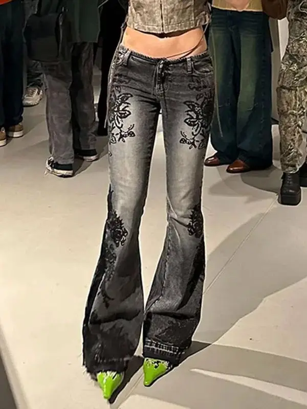 

Ретро джинсы-клеш с цветочным принтом, зауженные, с низкой посадкой, на молнии, из полиэстера, для повседневной носки