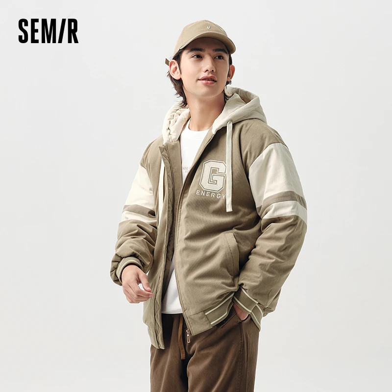 Semir Down Jacket Men Spring Trendy Letter Embroidered Loose Hooded Jacket Fashion Color Block American Retro Top