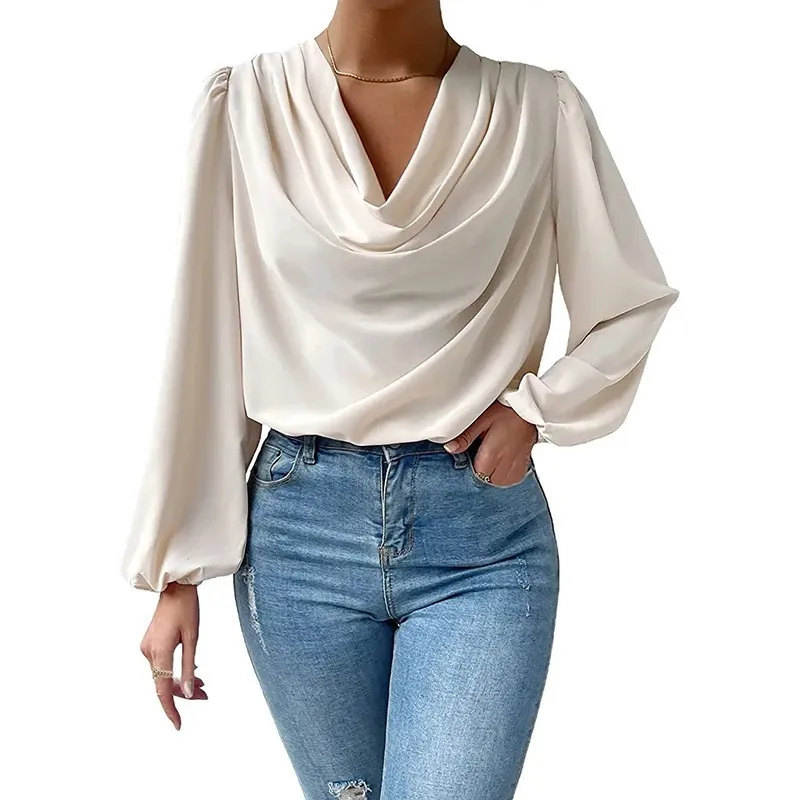 Elegant Women's Shirts Fashion Blouse 2024 Autumn Chiffon Loose Draped V-Neck Top Office Lady Solid Shirt S-XXXL