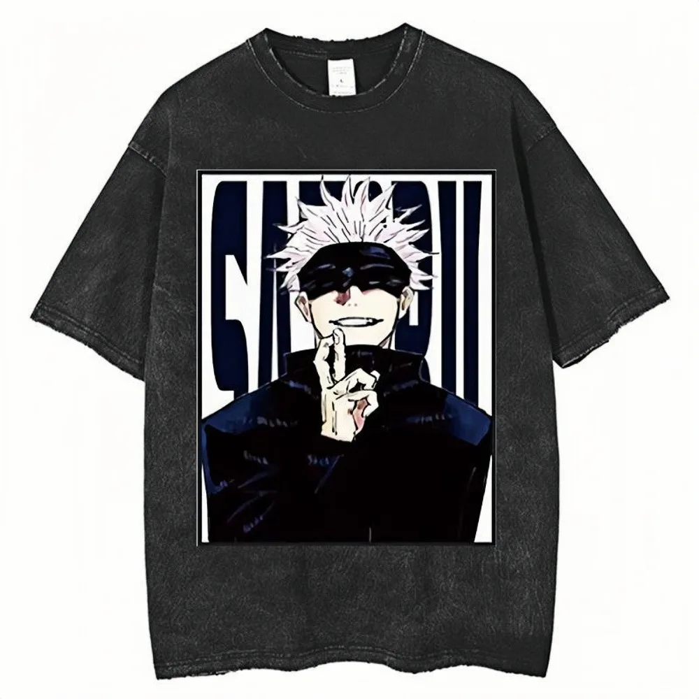 

Футболка Jujutsu Kaisen Gojo Satoru Acid Wash с типографическим принтом, свободные футболки большого размера, унисекс, современные уличные топы в стиле аниме
